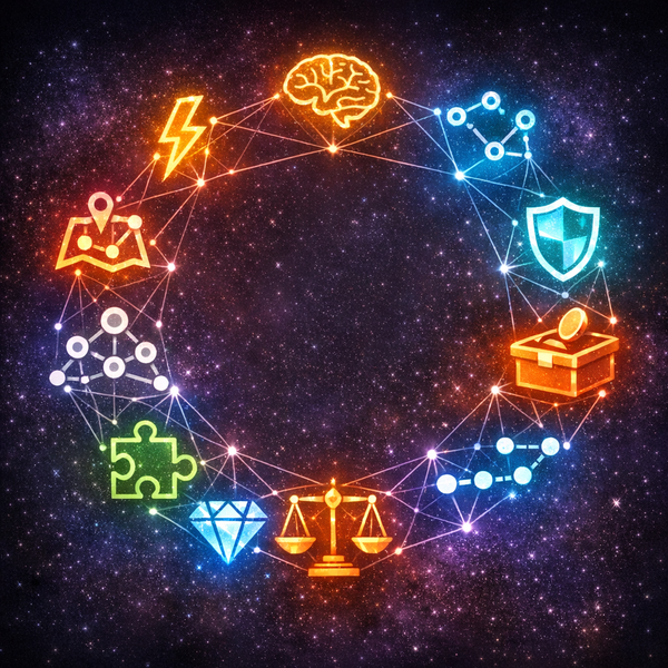 Twelve solver symbols connected by light